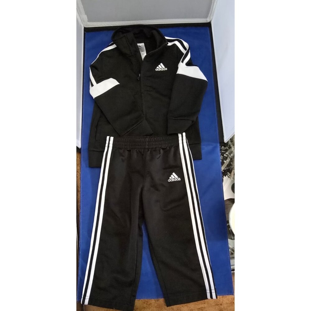 Adidas Boys Black Track Suit With White Stripes, Jacket size 2 pants 18 mo